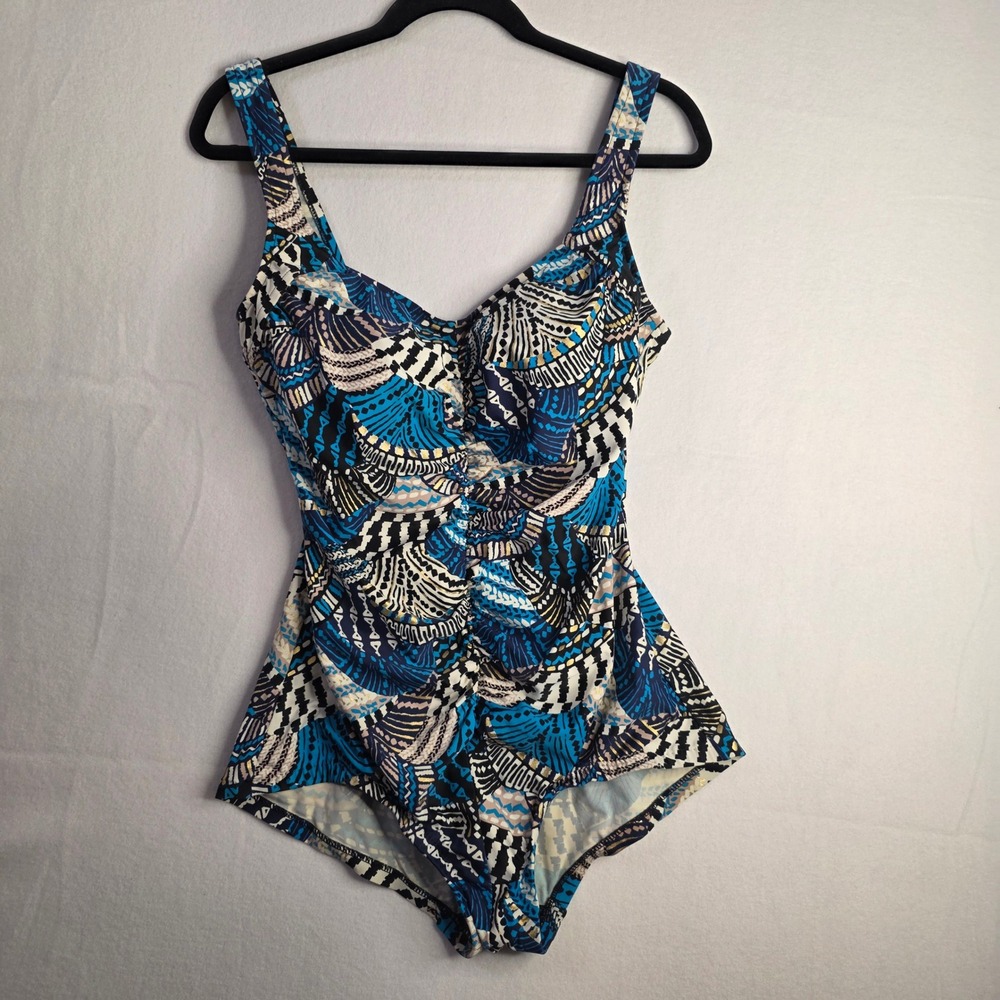 Maxine of Hollywood Blue Geometric Gold Foil Tummy Control One Piece Swimsuit
